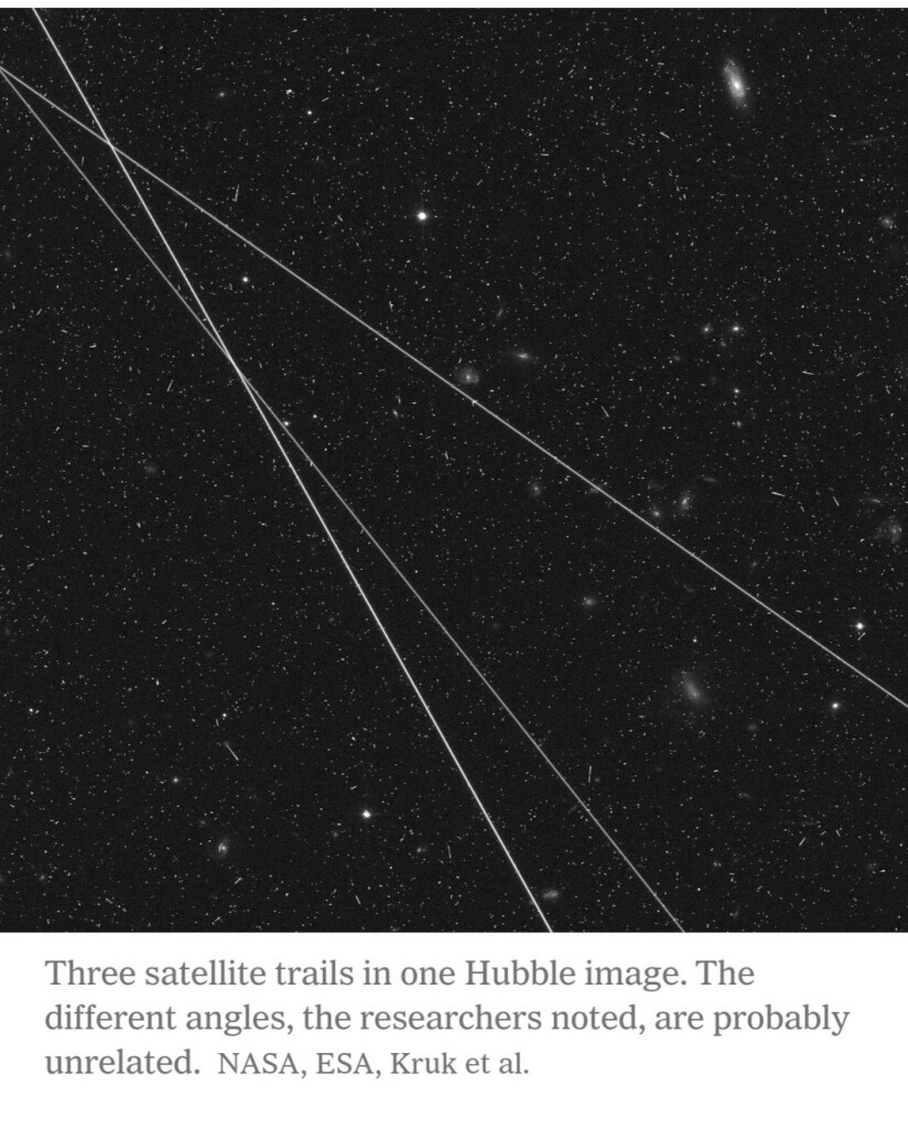 Three satellite trails in one Hubble image. The different angles, the researchers noted, are probably unrelated.Credit...NASA, ESA, Kruk et al.